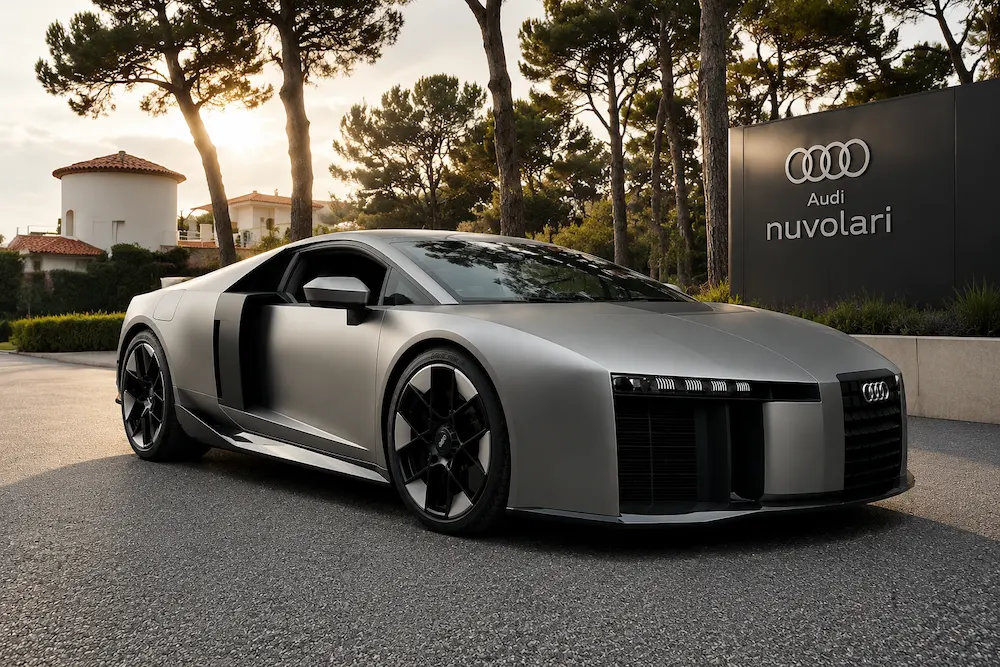 Audi Nuvolari hybrid supercar shown from a front three-quarter angle, highlighting sleek lines and carbon accents