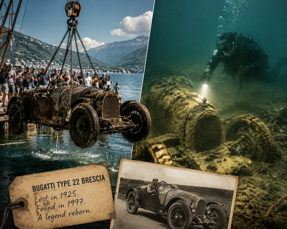 Rusted Bugatti Type 22 Brescia recovered from Lago Maggiore after 73 years underwater, showing corrosion yet historical charm.