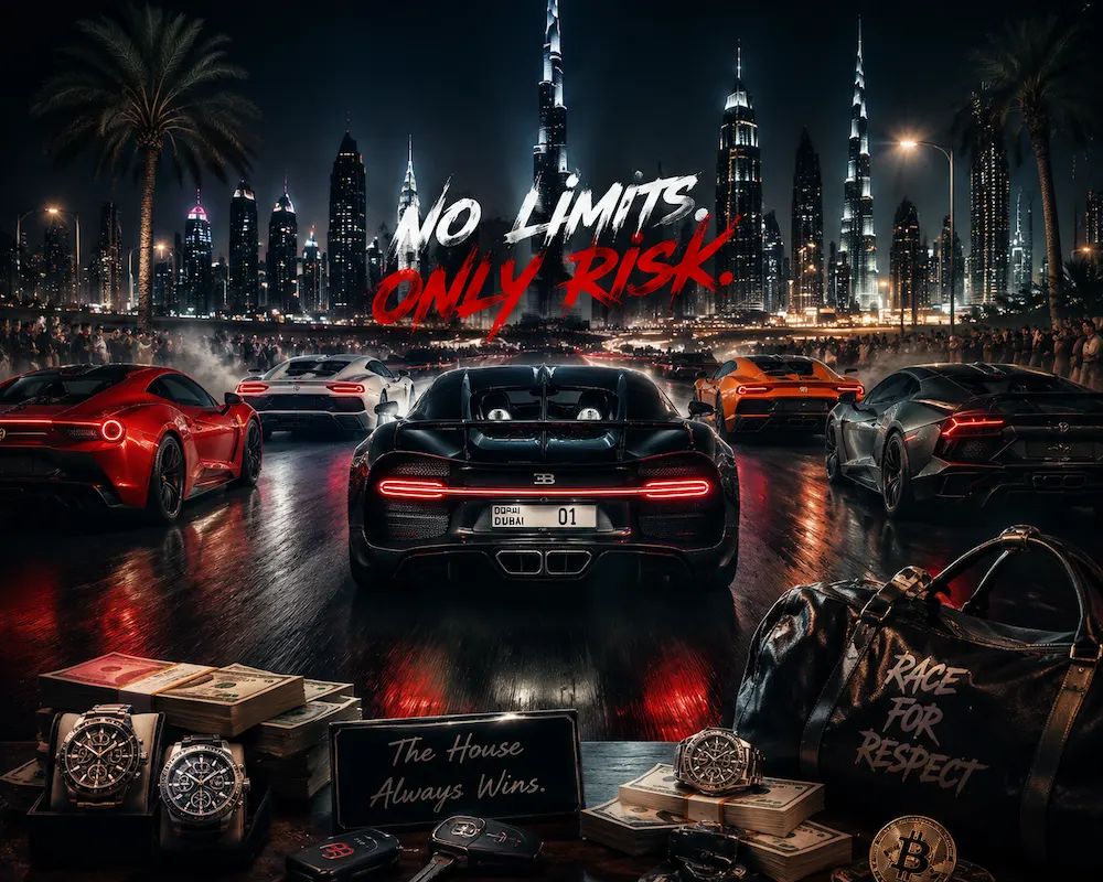 A line of exotic hypercars including Bugatti Chiron and Ferrari SF90 racing at night on a Dubai street, neon city lights reflecting off polished surfaces.