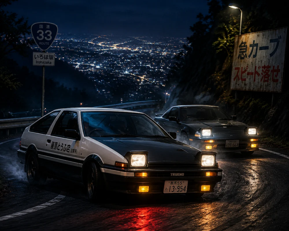 A Japanese mountain pass at night, illuminated by headlights of a drifting car, highlighting the thrill, danger, and artistry of Touge racing.