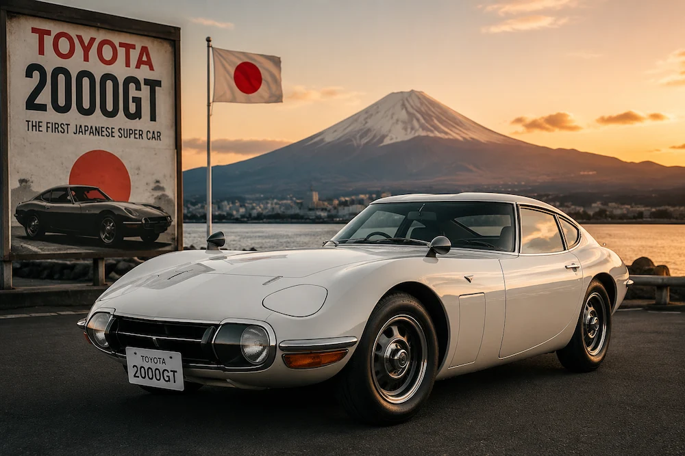 Red Toyota 2000GT parked with scenic background, classic sports car