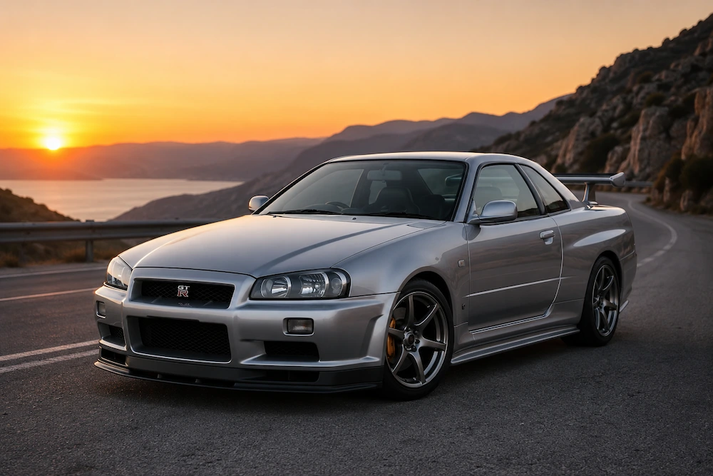 Silver Nissan Skyline GT-R R34 driving on a mountain road at sunset