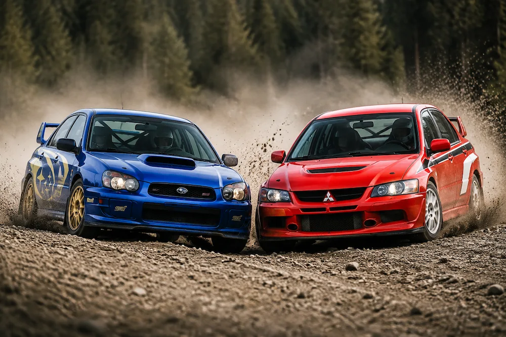 Subaru Impreza WRX STI and Mitsubishi Lancer Evolution racing on a WRC gravel stage